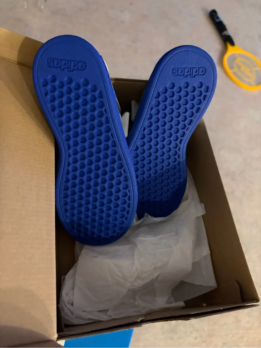 adidas Kids White and Blue Sneakers with Silver Stripes